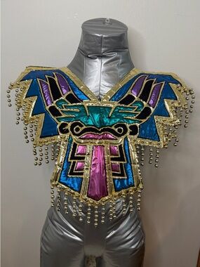 Aztec Danza Pechera Chest Piece Metallic Fringe Mexican Dance Costume Collar